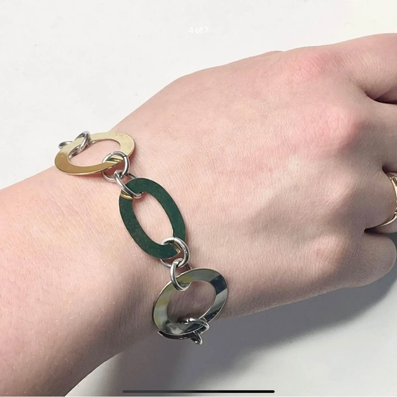 Sterling Silver Italy Large Flat Links Bracelet 7.5” 2Tone Silver - Picture 5 of 7